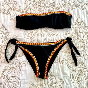 Black bando style 2 piece bikini set with cute crochet detailing